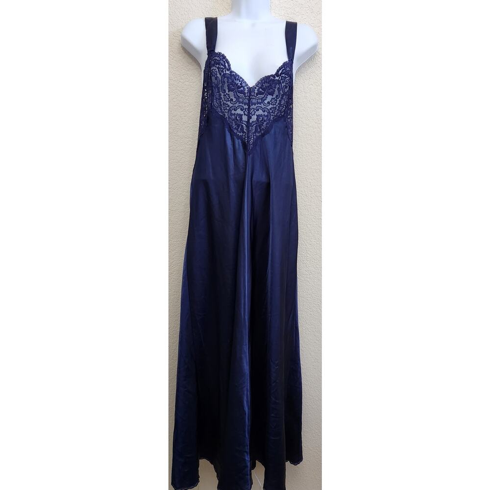 Vintage Navy Blue Lace Bodice Crisscross Back Straps Large Sexy Long Lightweight